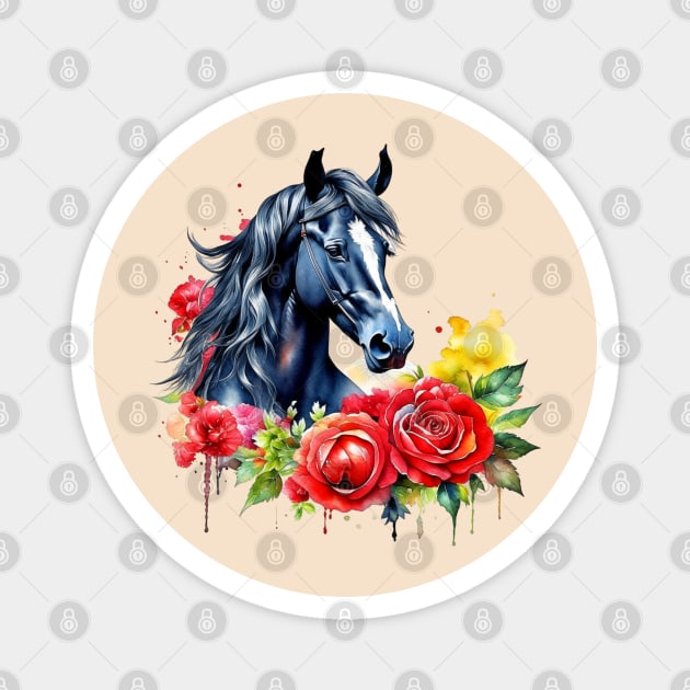 Watercolor Black Horse Red Roses Magnet by HolidayBug